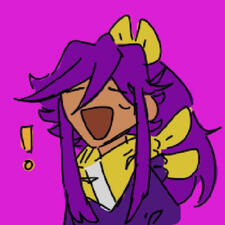 An illustration of Pingo's sona. She is smiling towards the viewer, with her eyes closed. The background is a bright purple.